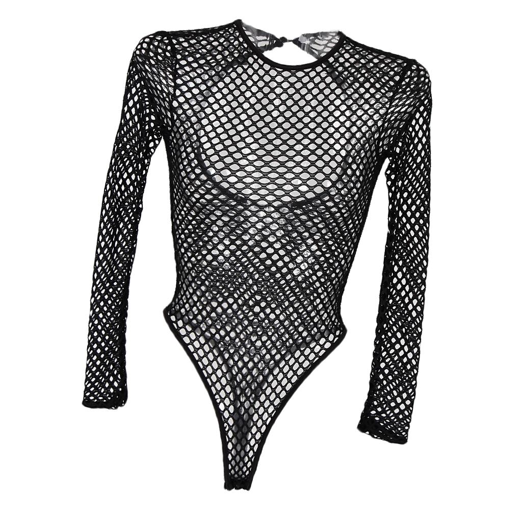 Women's Tight Mesh Long Sleeve Backless Bodysuit Jumpsuit Shapewear One Piece Swimsuit