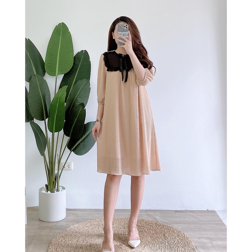 Váy suông xếp li phối cổ bèo đính nơ, dáng đầm xuông rộng freesize 2 màu, mã V938 - Michi's House