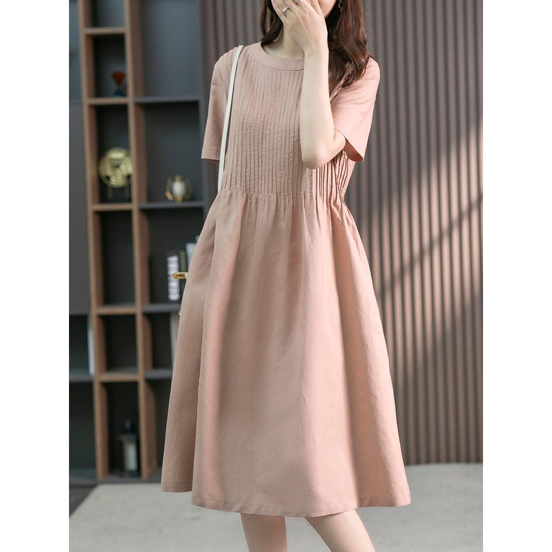 Đầm suông linen nữ cổ tròn ngắn tay, thiết kế xếp ly trước độc đáo, thời trang nữ cao cấp NH195