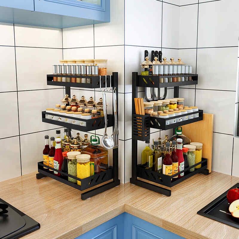 KỆ GIA VỊ 3 TẦNG CÓ CHỖ ĐỂ DAO THỚT BẰNG THÉP ĐEN