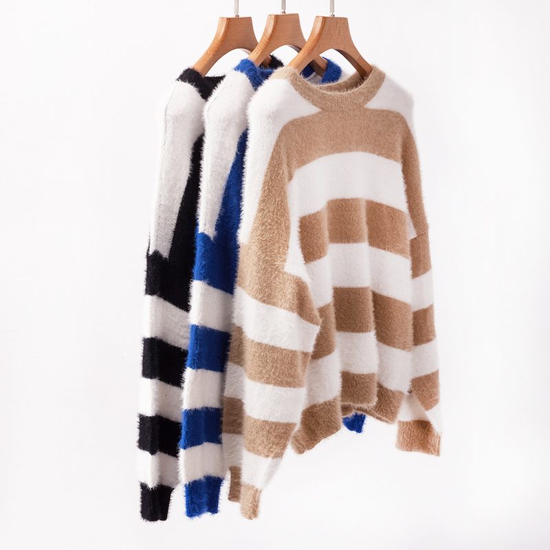Fashion Women Winter Striped Fluffy Knitted Sweater Splicing O Neck Long Sleeve Casual Sweet Warm Pullover Knitwear