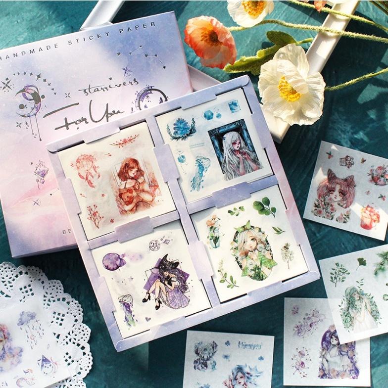 Hộp 100 tấm sticker cute chống nước và dạng hình dán giấy vintage dễ thương trang trí dán sổ 5 mẫu