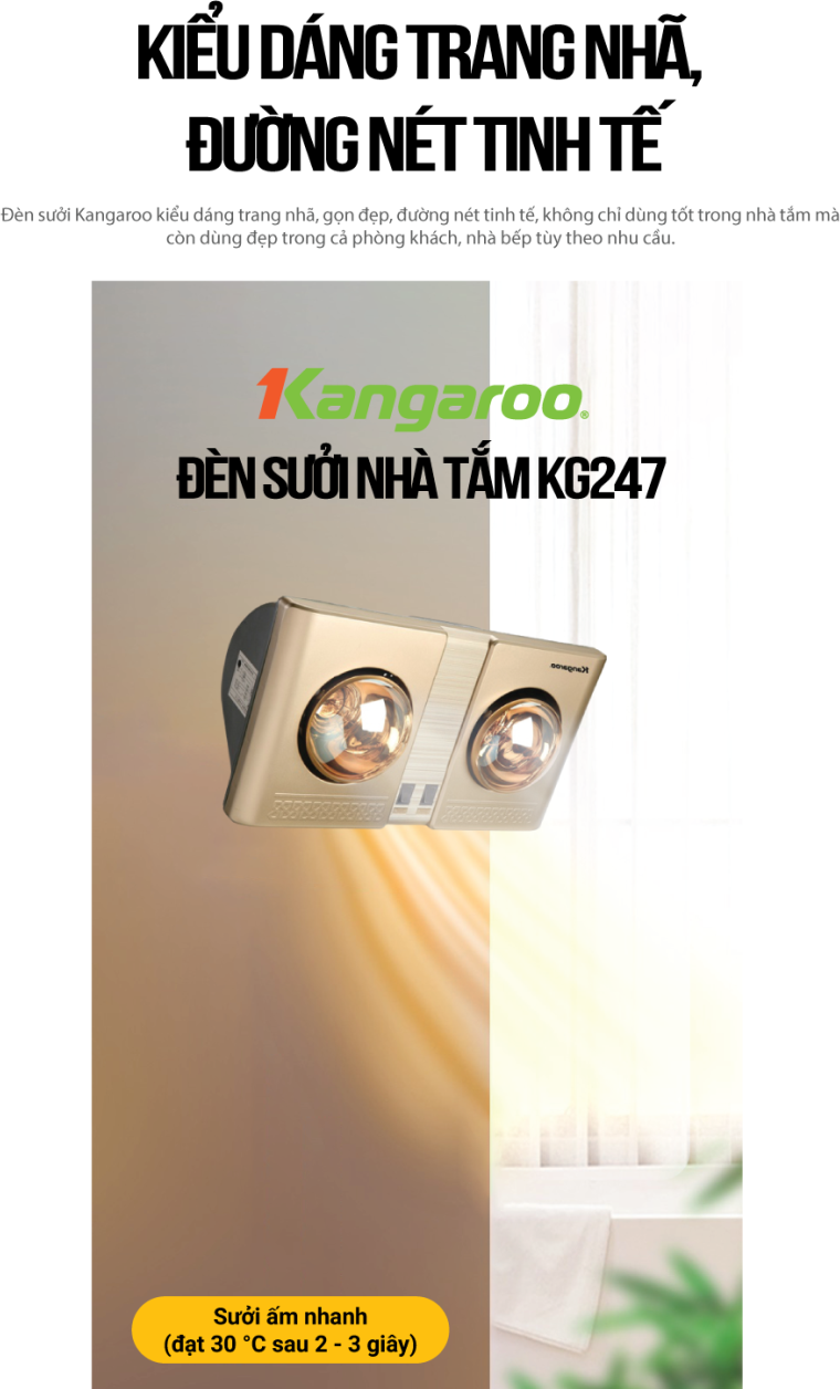 Đèn Sưởi Phòng Tắm Kangaroo KG247/KG247V - 2 Bóng - Hàng chính hãng