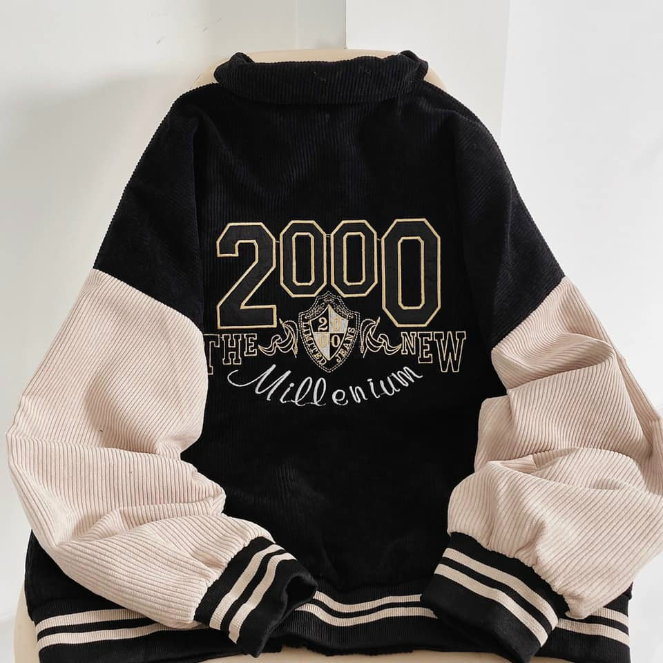 áo khoác kiểu bomber nhung thêu chữ số 2000 phong cách ulzzang, áo khoác kiểu bóng chày kiểu cố sơ mi có dây kéo unisex from rộng hàn quốc cá tính kèm hình ảnh thật