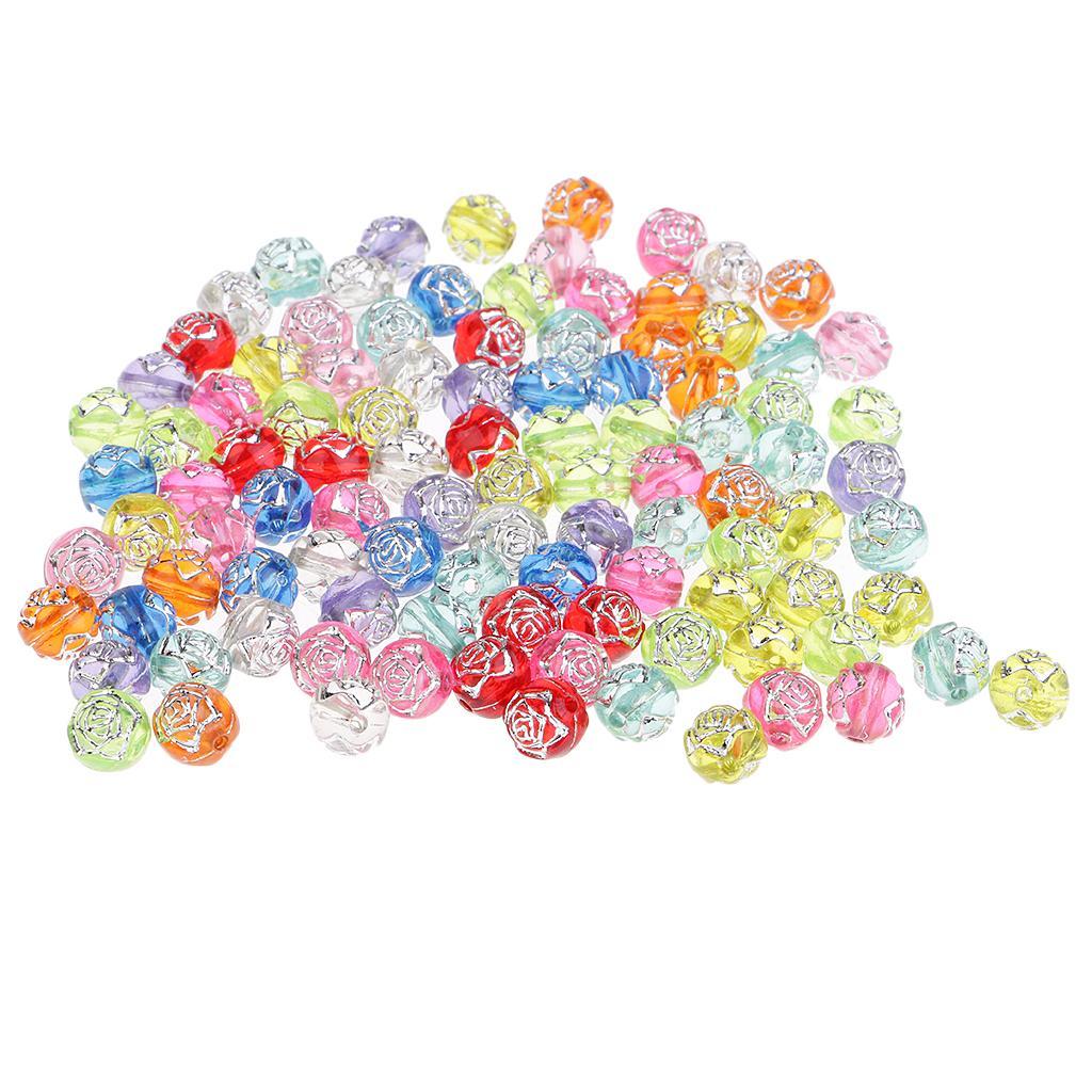 100 Pieces Assorted 8mm Acrylic Rose Flower Mixed Clear Silver Line Spacer Beads for Kids DIY Jewelry Making and Handmade Crafts Accessories