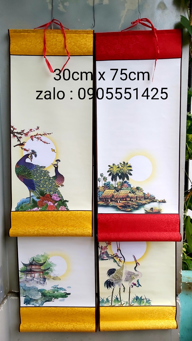 Bộ 4 biểu lụa viết thư pháp in tranh 4 mẫu kích thước 30cm x 75cm