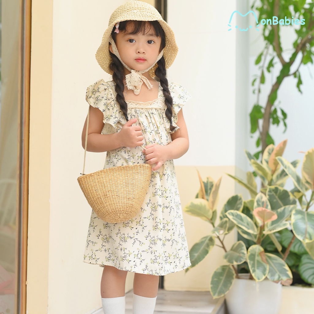 Váy bé gái cánh tiên phối ren chất đũi tằm họa tiết hoa nhí mặc nhà hoặc đi học đi chơi, cho bé từ 2-6t MonBabies VL77