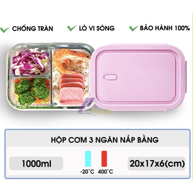 Hộp cơm thủy tinh cao cấp 3 ngăn chịu nhiệt, nắp có gioong dung tích 1000ml
