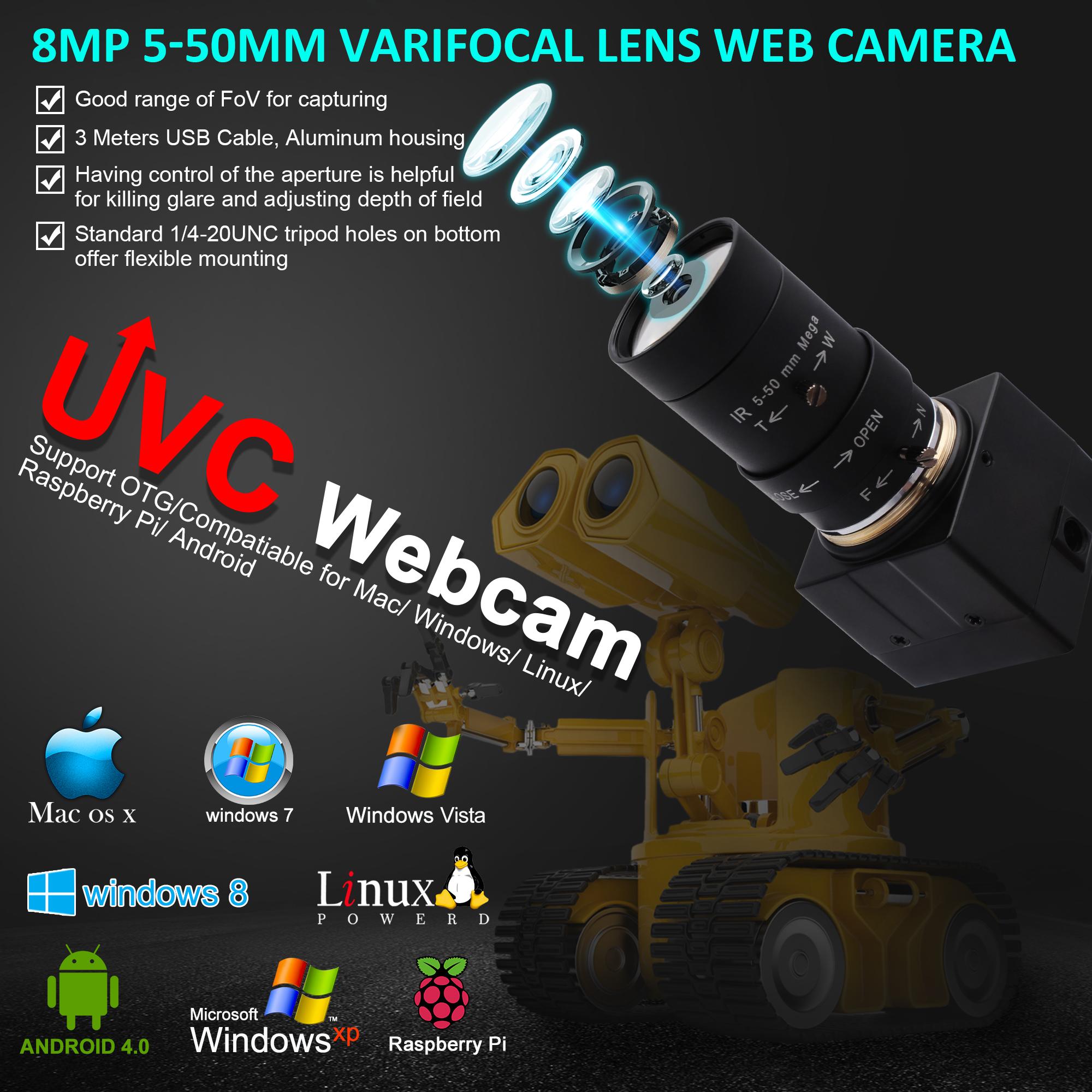 ELP 8MP 4K 3264X2448 IMX179 Webcam USB 5-50mm Ống kính Varifocal CS Hd USB Công Nghiệp Mini Camera Giám Sát Bên Trong Camera USB