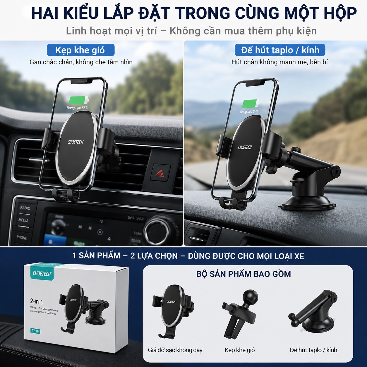Giá đỡ điện thoại sạc nhanh không dây 2 in 1 gắn chân không + kẹp khe gió Choetech T536 Cho điện thoại / iPhone - Kẹp Trọng Lực Xoay 360 Độ Kẹp Khe Gió Hoặc Dán Taplo - hàng nhập khẩu