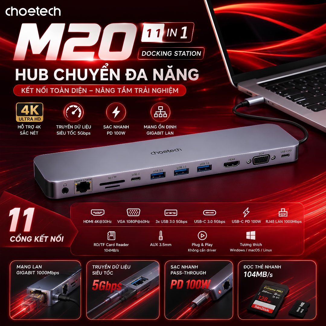 Hub chi cổng 100W PD Type-C DockSphere Pro Docking Station 11 in 1 cho Macbook/ Laptop Choetech M20 - HDMI 4K, VGA, PD 100W, RJ45 Gigabit, USB 3.0 5Gbps, SD/TF, AUX 3.5mm Vỏ nhôm, tối ưu tản nhiệt và có lớp chống trượt - Hàng nhập khẩu