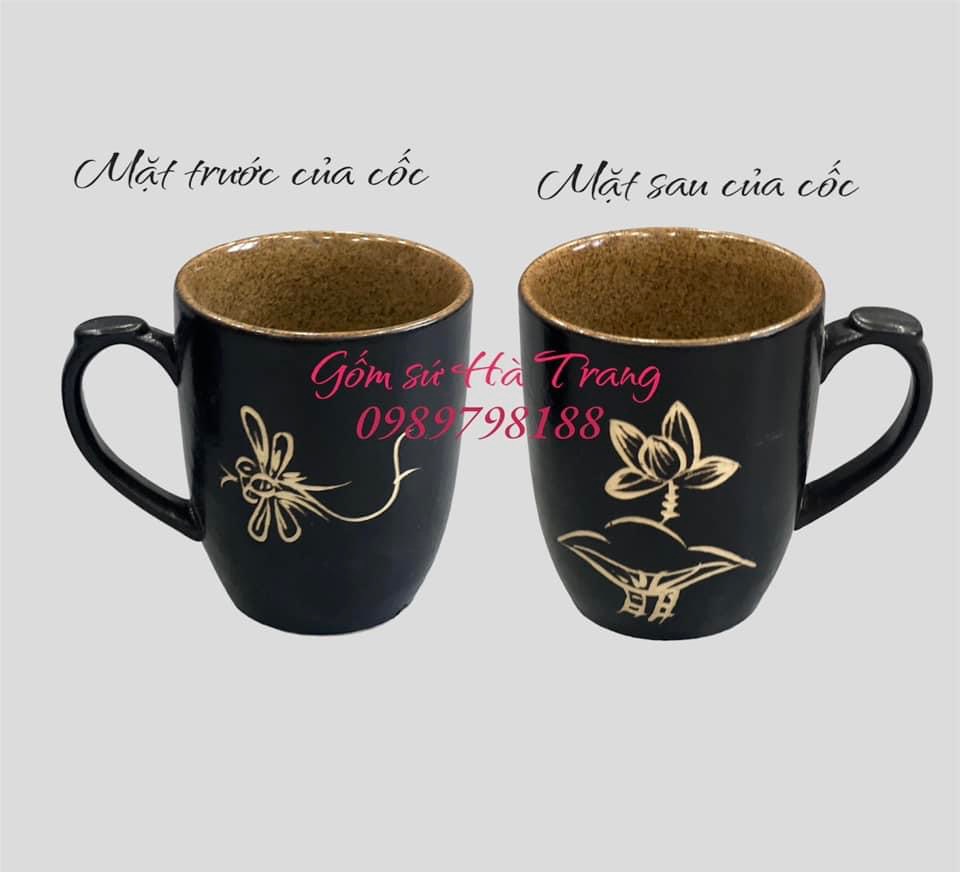 Cốc sứ Bát Tràng cao cấp khắc thủ công hoạ tiết chuồn sen dung tích 300ml