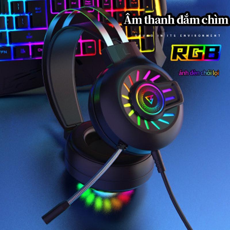 Tai nghe headphone H300 RGB phát sáng 7.1 âm thanh trầm kèm microphone chơi game màng bass kim lọai-