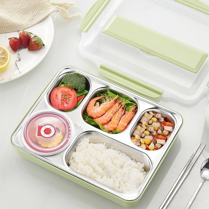 Hộp Cơm Văn Phòng Khay Inox 5 Ngăn Có Bát Để Canh Bọc Nhựa Bên Ngoài - Có Giá Điện Thoại Tặng Thìa Đũa Inox Cao Cấp