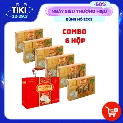 (Thùng  06 hộp) Yến Sào win'sNest Tổ Yến Chưng Sẵn 20% Nhân Sâm Ít Đường (6 Lọ/Hộp) Món quà sức khỏe KÈM TÚI