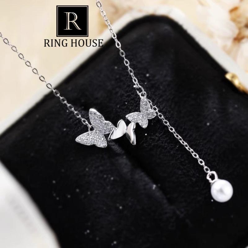 Dây chuyền vòng cổ nữ titan không đen chuỗi bướm thả hạt trai đẹp Ring House