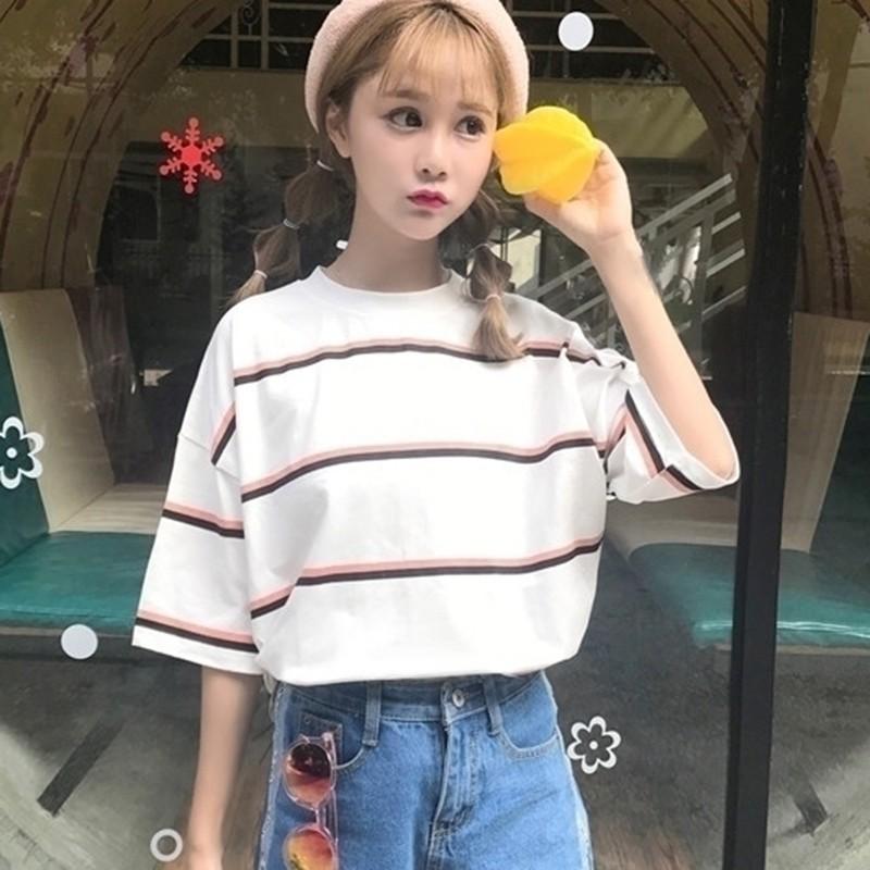 Áo Thun Tay Ngắn Hoạ Tiết Kẻ Sọc Thiết Kế Dáng Rộng Thoải Mái