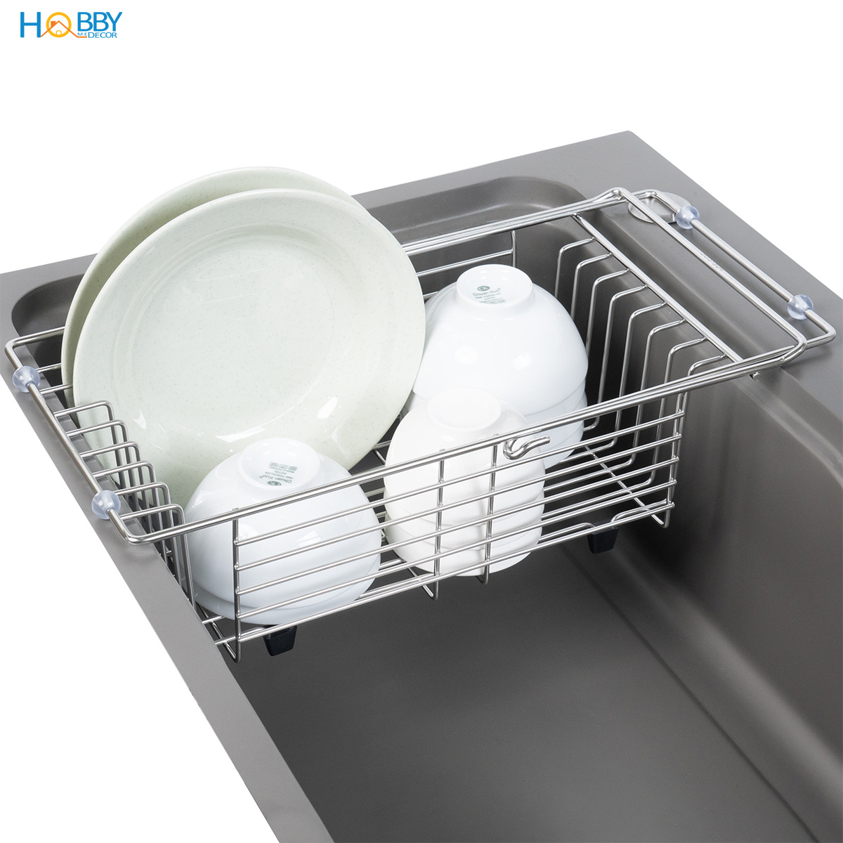Khay đựng đồ chén đĩa gác trong chậu inox 304 Hobby home decor KDC7