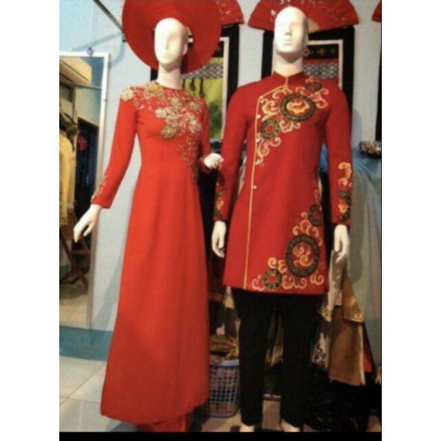 Cặp áo dài cưới cao cấp kèm mũ, khăn xếp