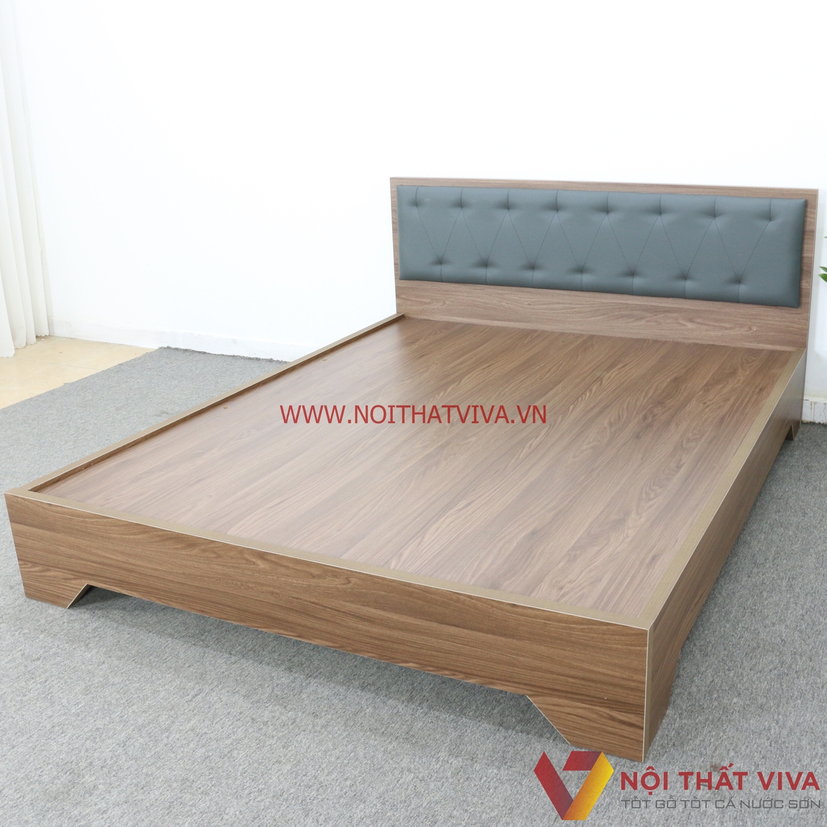 Giường Ngủ Gỗ MDF Phủ Melamine Bọc Nệm Xanh Đậm Chân Cao Màu Nâu