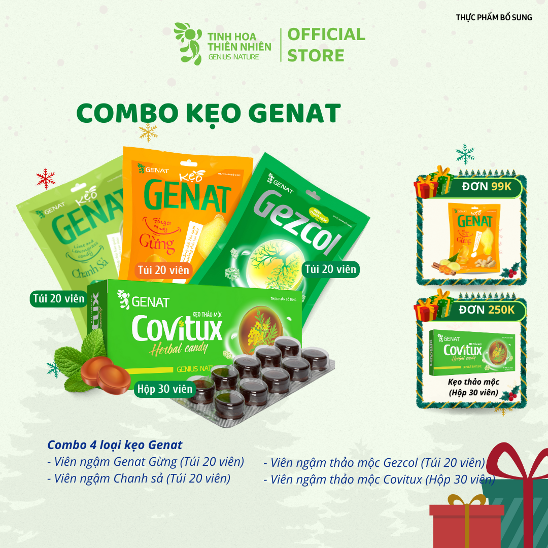 Combo 4 sản phẩm kẹo Genat - Kẹo thảo mộc Covitux , Gezcol , Genat Gừng, Genat chanh sả