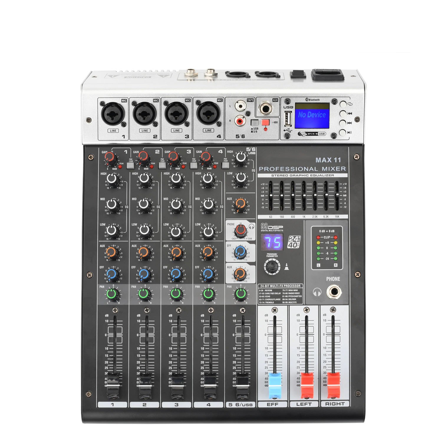 Bàn trộn âm thanh Mixer Max 11 - 6 kênh (4 mono, 2stereo) kết nối Bluetooth, USB - 99 hiệu ứng vang - Tích hợp nguồn 48V cho micro condenser - Mixer số chuyên nghiệp cho sân khấu, hội trường, phòng thu, hát karaoke gia đình, live stream - Hàng nhập khẩu