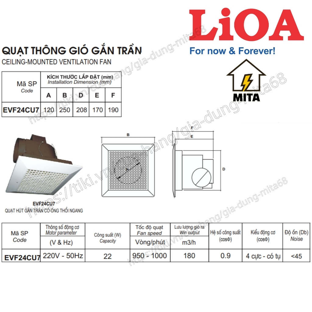 Quạt Thông Gió Gắn Trần Có Ống Hút Ngang LiOA EVF24CU7 - Hàng Chính Hãng