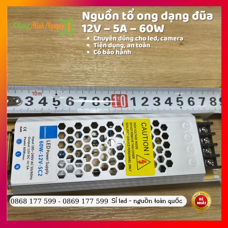 Bộ nguồn tổ ong 12V 5A 60W loại mỏng, dạng đũa dài dùng cho đèn và camera