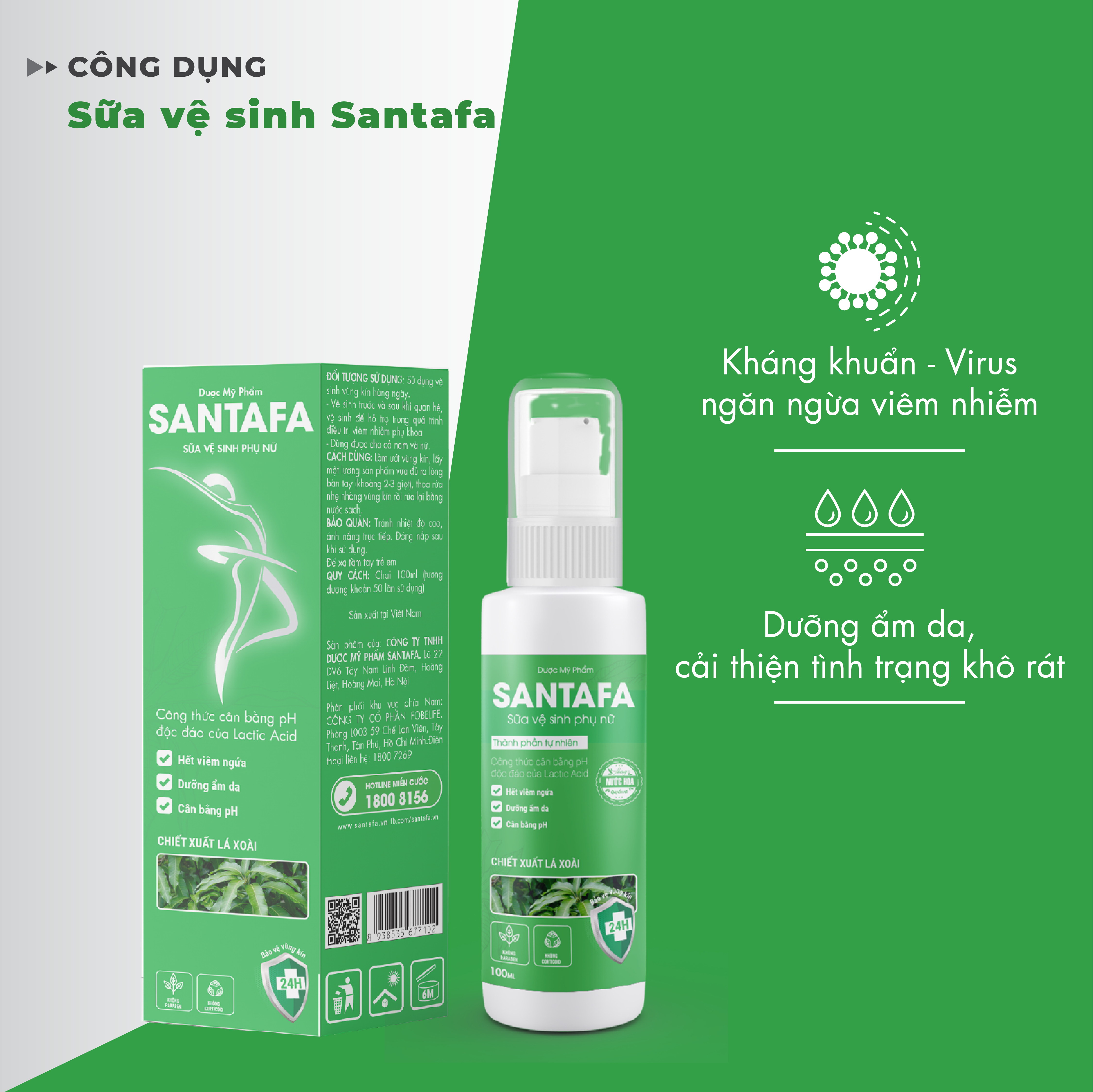 Sữa vệ sinh phụ nữ Santafa Làm sạch nhẹ nhàng, kháng khuẩn, chăm sóc và bảo vệ, đem lại cảm giác tự tin, thoải mái với hương nước hoa Chai 100ml