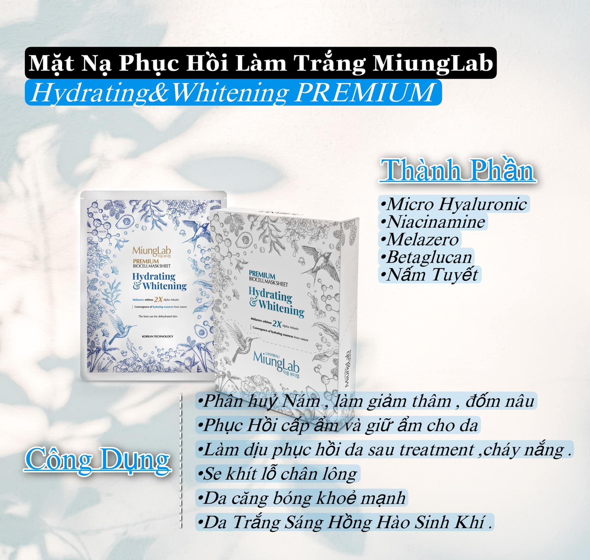 Hộp 8 miếng mặt nạ cấp ẩm và dưỡng trắng da MiungLab Premium Biocell Mask Sheet Hydrating and Whitening (25g/miếng)