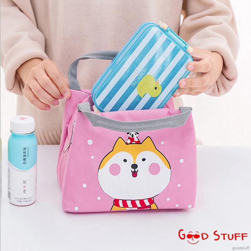 Túi đựng giữ nhiệt hộp cơm trưa bằng chất liệu canvas in họa tiết động vật dễ thương