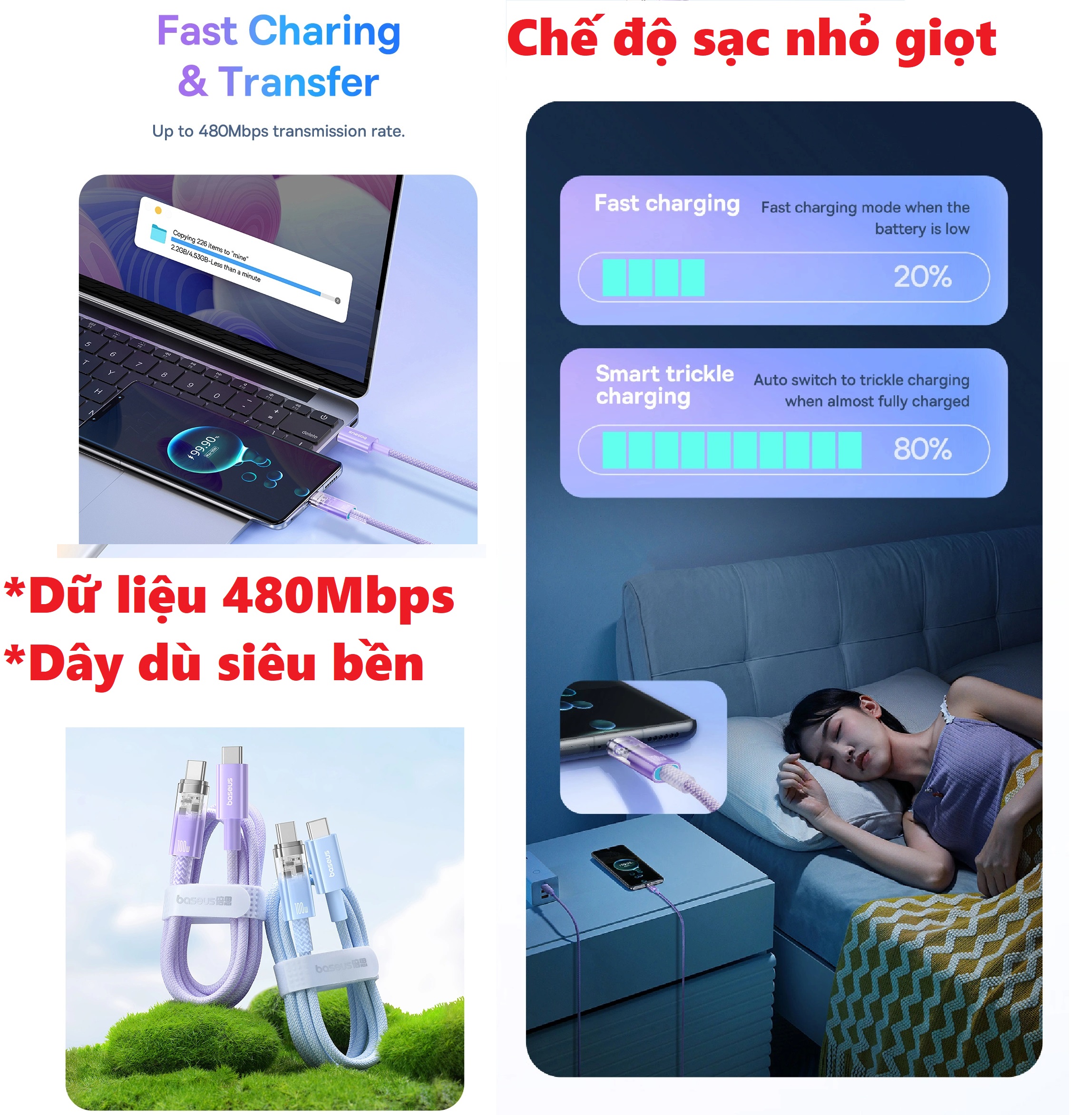 [C to C] Dây sạc nhanh 2 đầu type C 100W sạc nhanh Macbook laptop Baseus Explorer CB000043 _ Hàng chính hãng