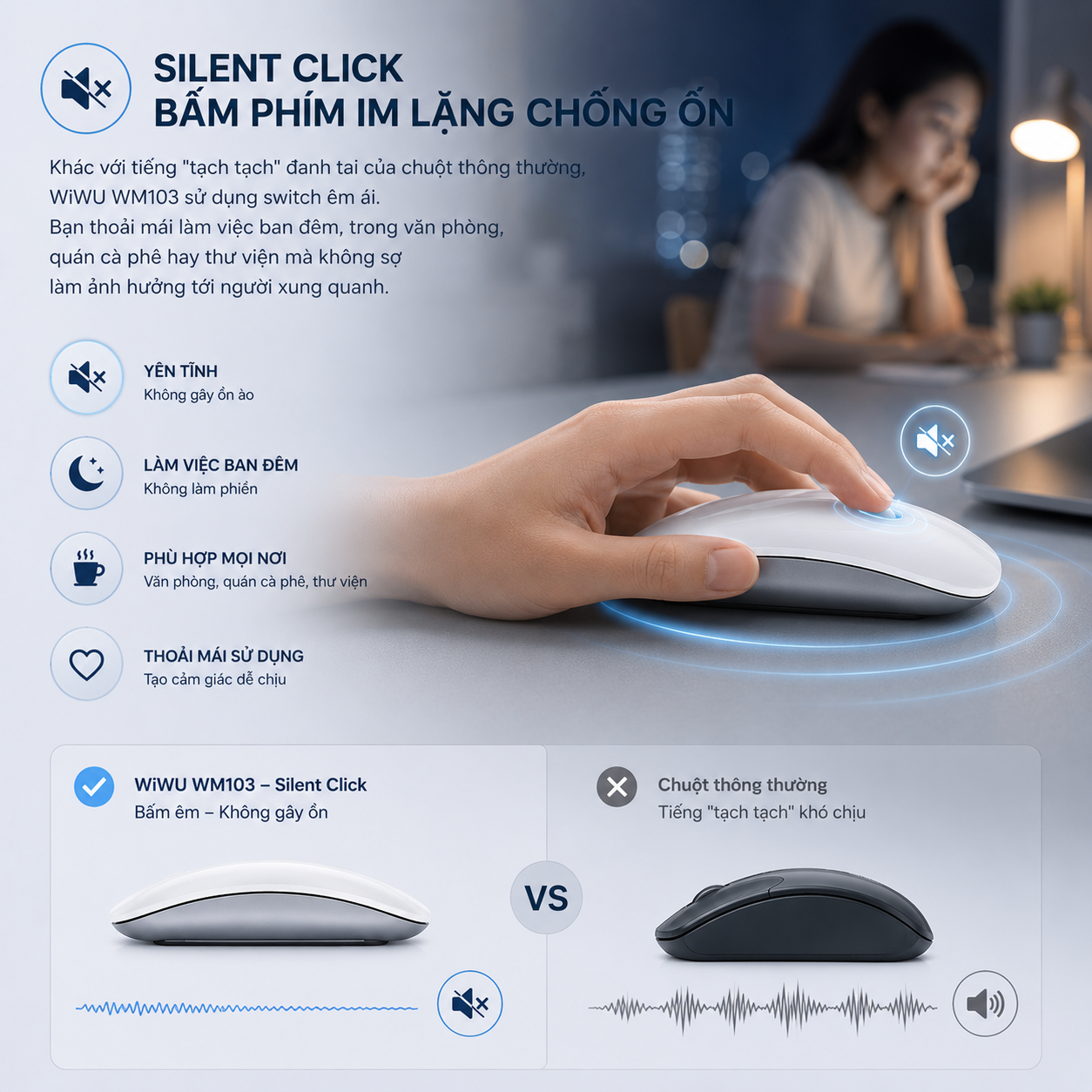 Chuột không dây Công nghệ AirTouch Magic Mouse Silent Click Êm Ái WiWU WM103 - Bluetooth 5.1 | Sạc Type-C | Silent Click | 3 Mức DPI – Tương Thích MacBook iPad Windows Android - hàng nhập khẩu