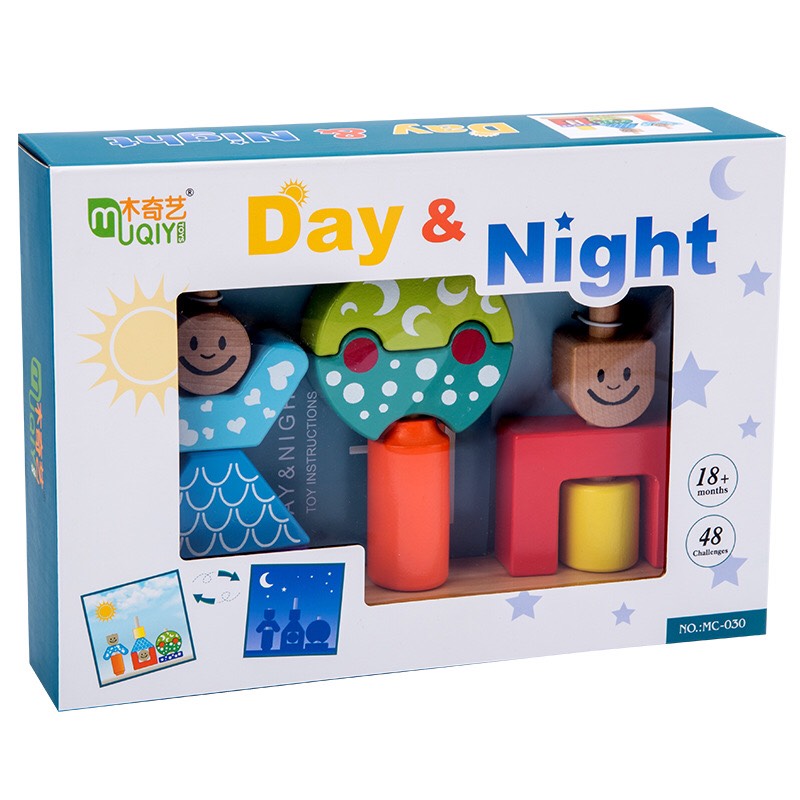 Thả cọc gỗ sáng tạo Day and Night. Đồ chơi gỗ giáo dục sớm tăng trí nhớ và thị giác cho bé 2-4 tuổi.