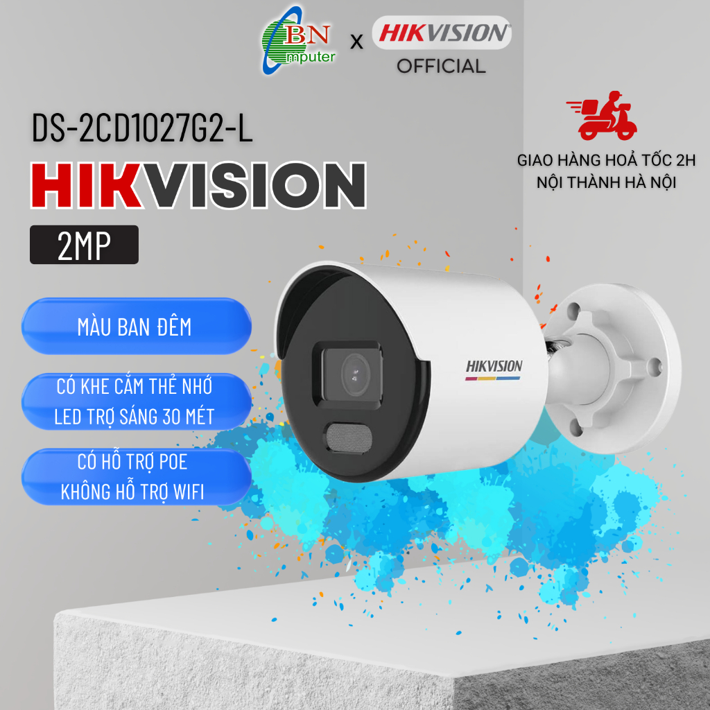 Camera ip thân 2.0MP ColorVu Hikvision DS-2CD1027G0-L có màu ban đêm, chống bụi và nước: IP67,hỗ trợ chức năng cấp nguồn qua Ethernet PoE. Hàng chính hãng