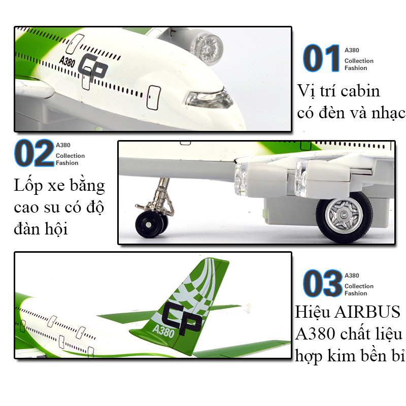 Đồ chơi mô hình máy bay AIRBUS A380 KAVY No 8807 chất liệu hợp kim có nhạc và đèn đẹp, bền có thể trang trí