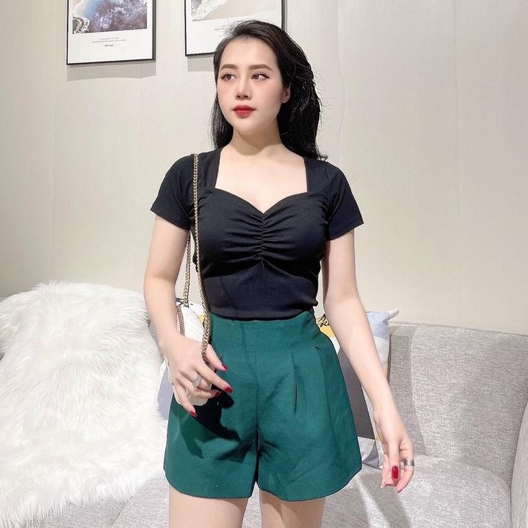 Áo thun nữ kiểu cổ vuông nhún ngực ôm body - Áo phông nữ tay ngắn chất thun cotton mềm mại tôn dáng