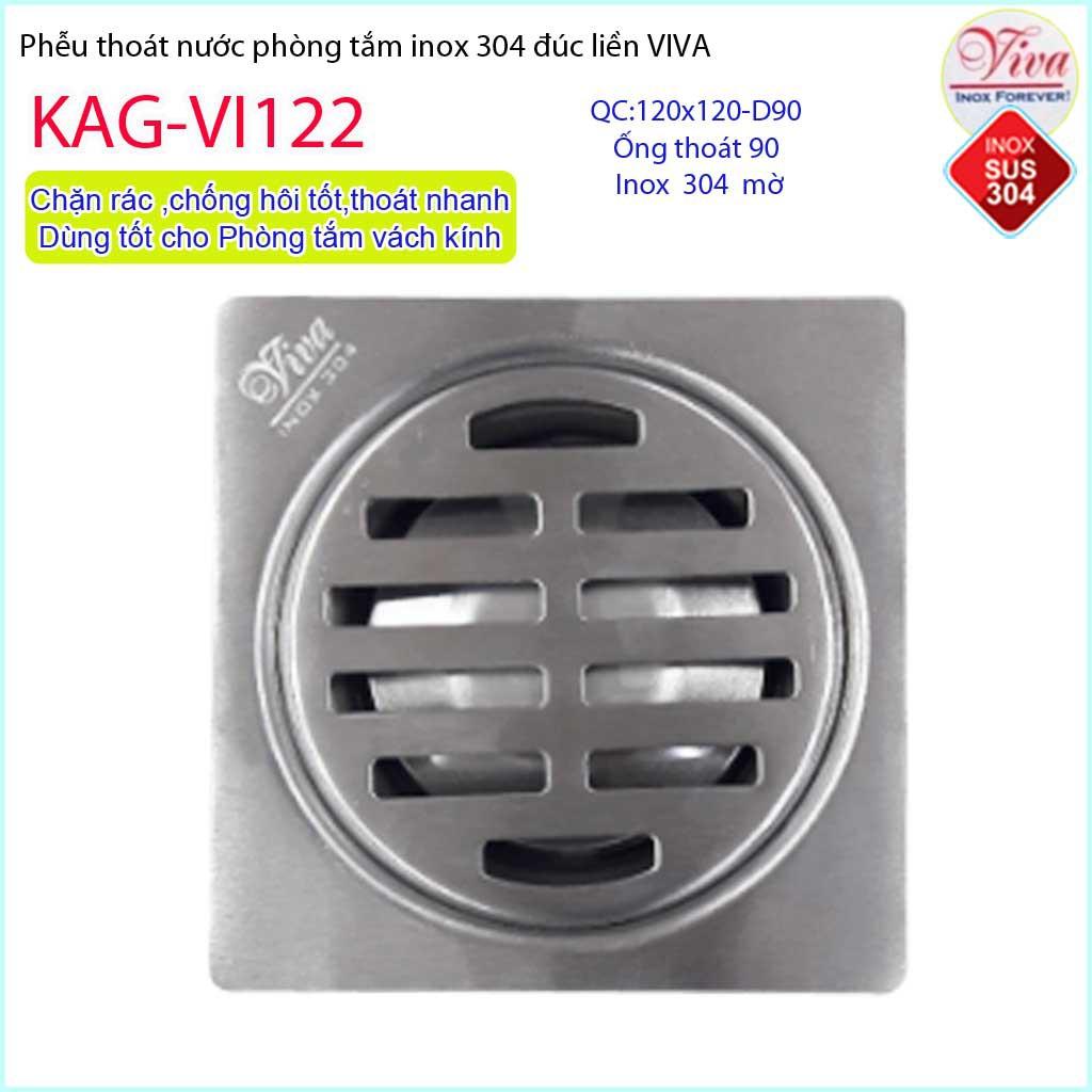 Phễu thoát sàn Viva 12x12 cm KAG-VI122 ống thoát 90mm chống mùi hôi inox 304, thoát sàn inox đúc dày thoát nước nhanh ch