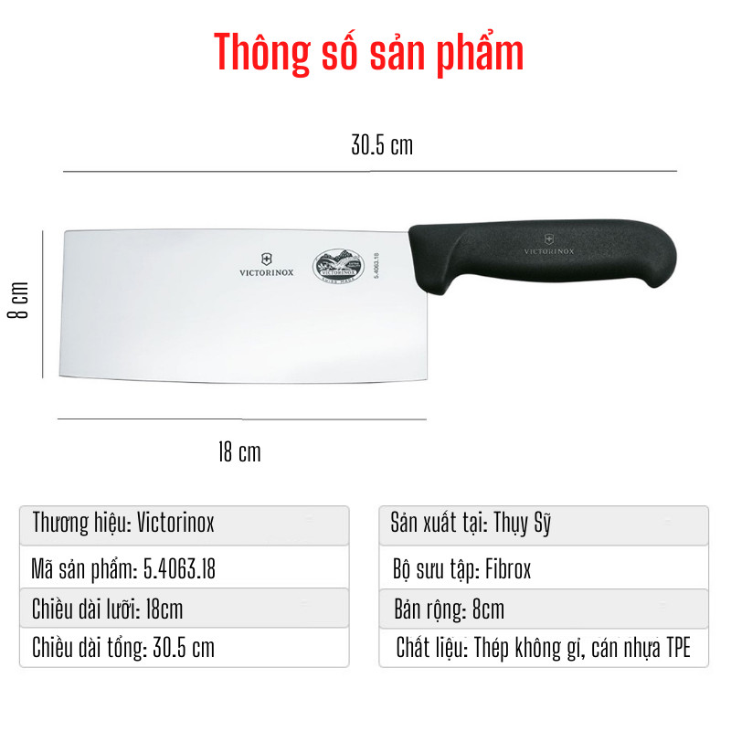 Dao Chuyên Thái Bản Rộng Dáng Chinese Style Lưỡi 18cm Thép Không Gỉ Tay Cầm TPE Cao Cấp Sản Xuất Tại Victorinox Thụy Sỹ