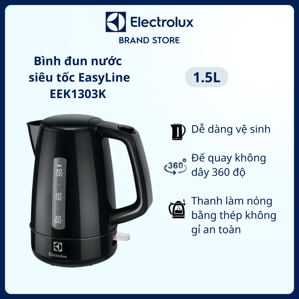 Hình ảnh Bình đun nước siêu tốc  Electrolux  1,5L EEK1303K - Dễ dàng vệ sinh, an toàn khi sử dụng - Bảo hành 2 năm toàn quốc [Hàng chính hãng]