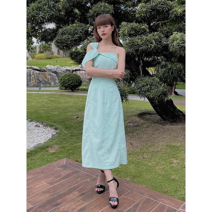 Set áo rớt vai kèm chân váy Linen màu xanh mint