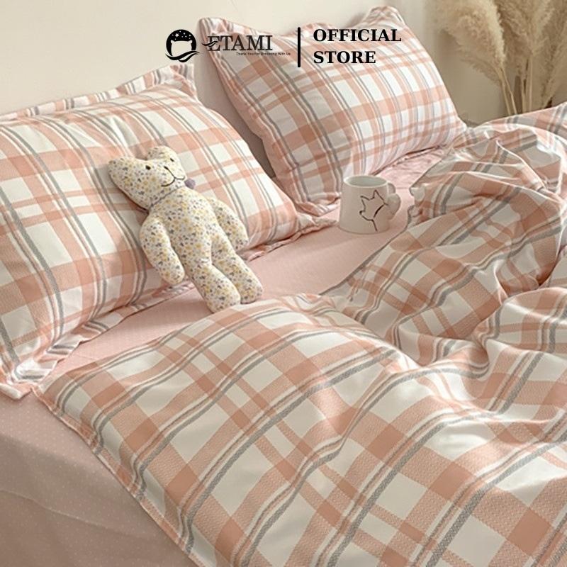 Bộ chăn ga gối đệm cao cấp cotton poly kẻ cam cute miễn phí bo chun drap giường ga trải giường P10