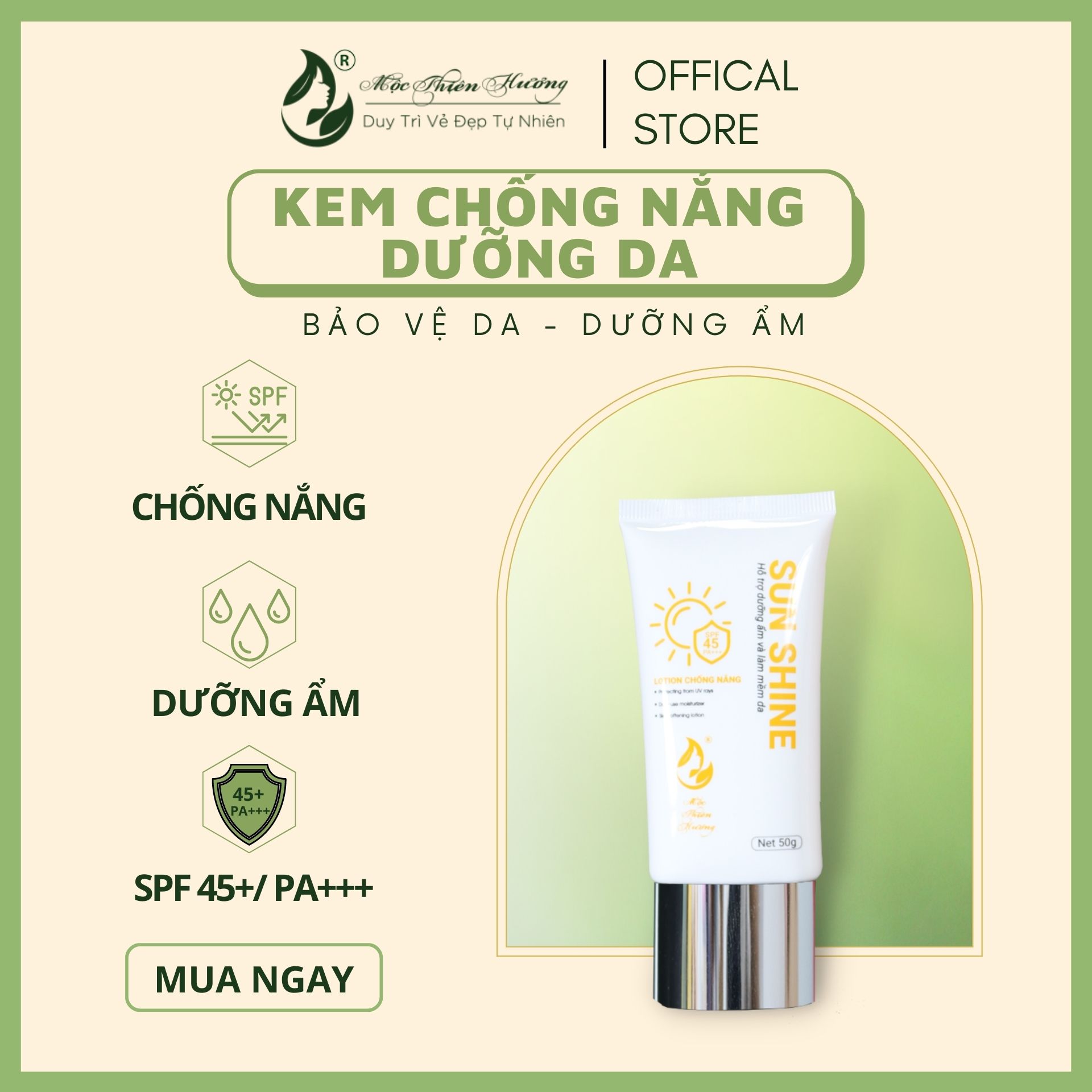 Kem Chống Nắng Dưỡng Da Mặt Sun Shine Mộc Thiên Hương SPF 45, PA+++ (50gr)