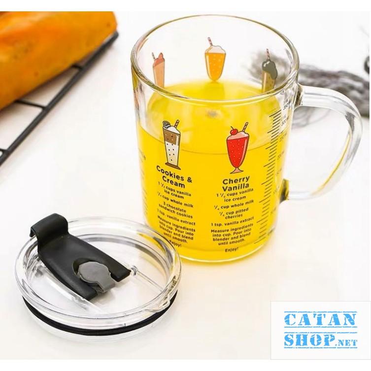 Ly chịu nhiệt thủy tinh chia vạch có nắp , cốc ly pha sữa cho bé