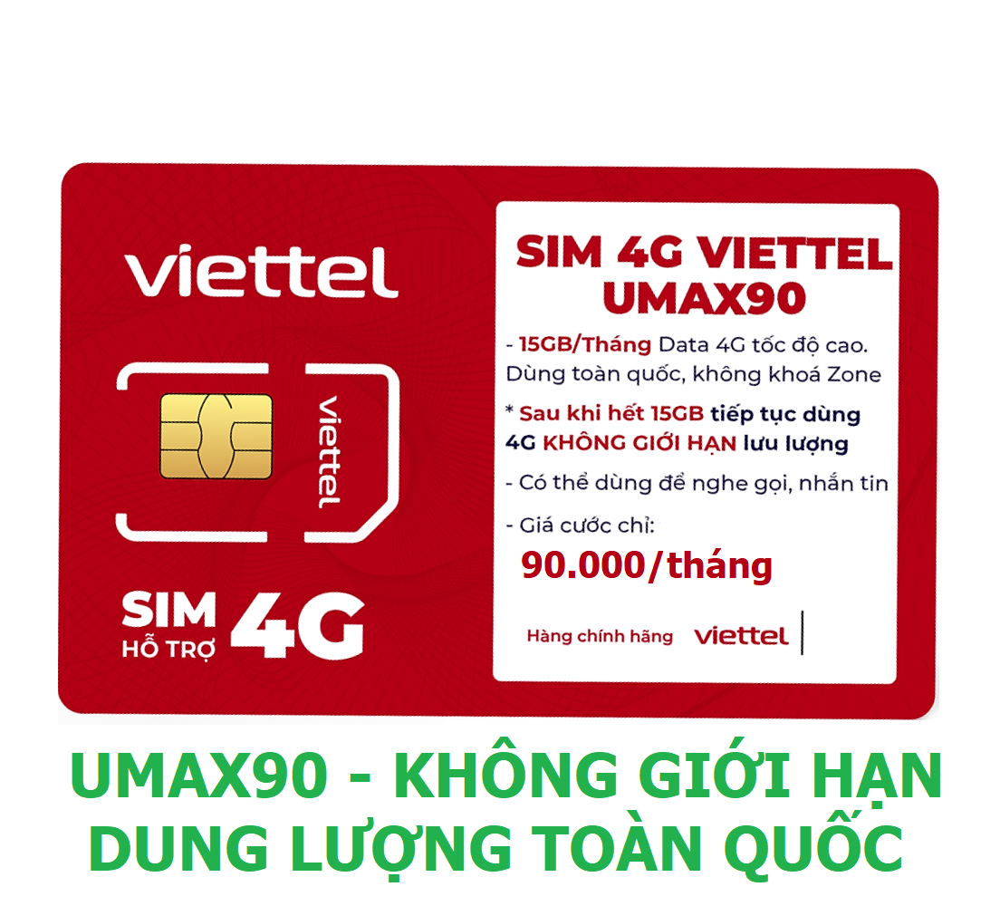 SIM 4G VIETTEL UMAX90 - Data Không Giới Hạn Lưu Lượng - MAX Băng Thông Chỉ 90k/Tháng. Dùng Toàn Quốc - HÀNG CHÍNH HÃNG - ĐẦU 03 &amp; 08 FREE 30 NGÀY