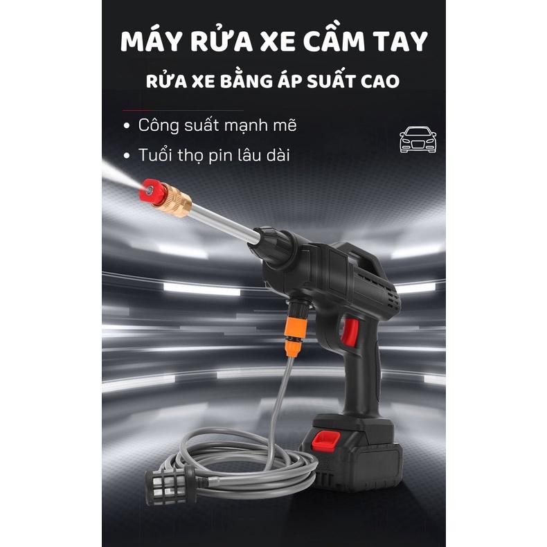 Máy Rửa Xe Dùng Pin Mini Chân Pin Phổ Thông Máy Rửa Xe Tăng Áp Công Suất 1500W Nhỏ Gọn Tiện Lợi