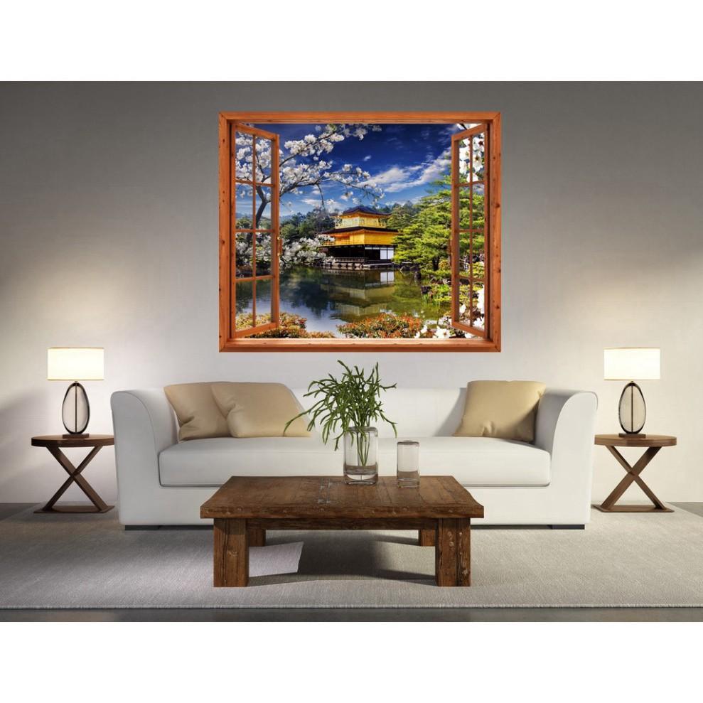Tranh dán tường cửa sổ gỗ 3D cảnh hoa anh đào Minh Trí