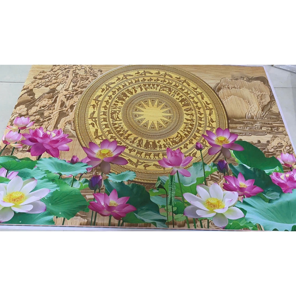 (HCM)Tranh dán tường 3d hoa sen trống đồng trang trí phòng khách, nhà hàng, khách sạn có sẵn keo