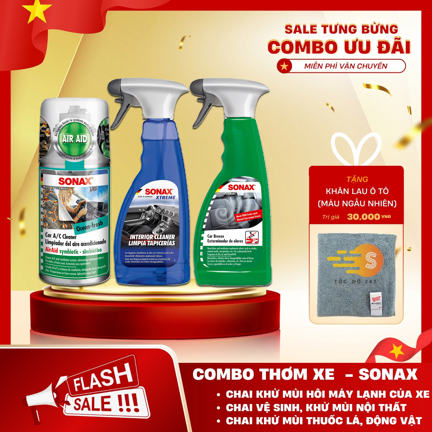 Bộ 3 món khửi mùi, giúp thơm xe bao gồm vệ sinh dàn lạnh, xịt khử mùi động và xịt vệ sinh nội thất tạo mùi thơm dịu nhẹ Sonax SO-CBTX - Tặng khăn lau ô tô chuyên dụng