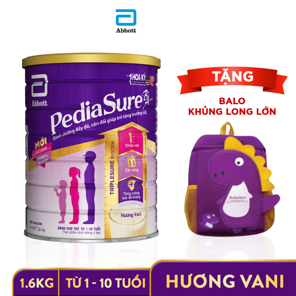 Sữa bột Pediasure 1.6kg/lon cho trẻ từ 1 -10 tuổi -Tặng balo khủng long lớn